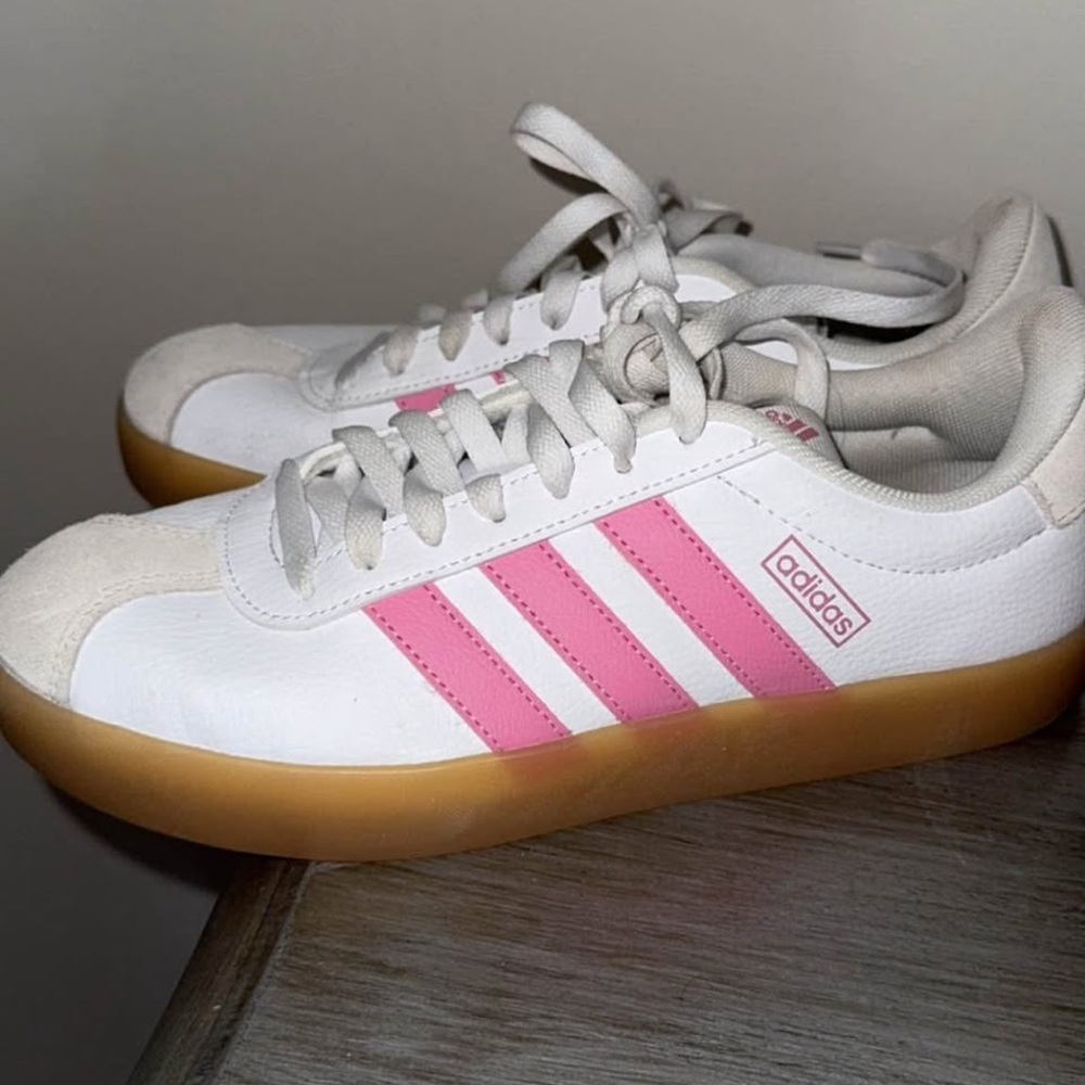 Adidas Women's White and Pink Gum Sole Sneakers